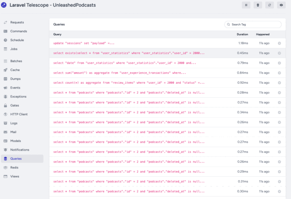 Laravel Telescope Queries screen listing the same select from podcasts where id = 2 query over and over, each taking under half a millisecond
